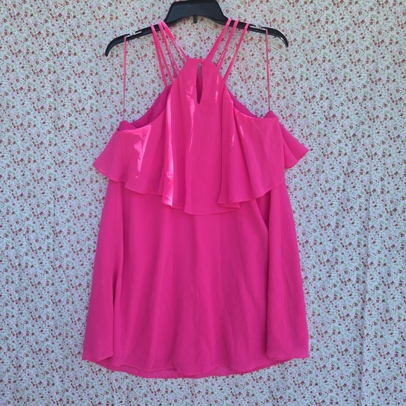 NWT Gianni Bini Hot Pink Ruffle Halter Neck Off Shoulder Tunic Mini Dress Size L - Picture 2 of 6